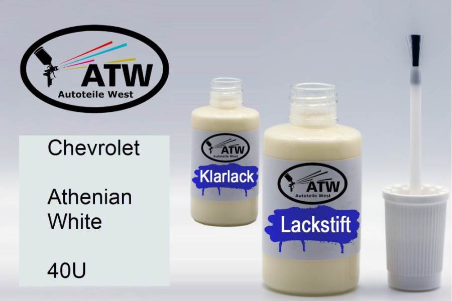 Chevrolet, Athenian White, 40U: 20ml Lackstift + 20ml Klarlack - Set, von ATW Autoteile West.